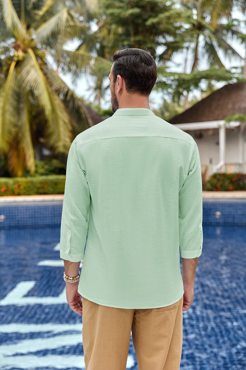 Karlywindow Mens Linen Henley Shirts Long Sleeve Hippie Yoga Summer Beach Casual Henleys T-Shirt Light Green - Image 4